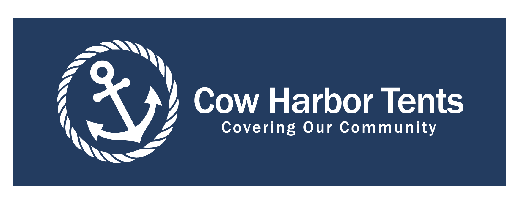 A blue and white logo of cow harbor