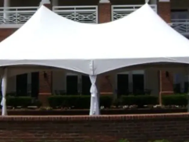 A white tent is in front of some bushes.